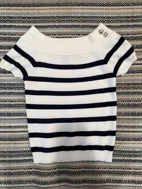 Vici White and Navy Striped Short Sleeve Top with Silver Buttons
